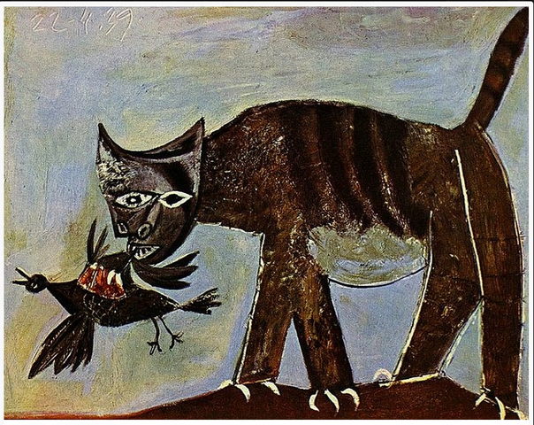 Gato cazando a pájaro. Pintura