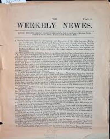 Impresión del primer periódico en inglés.  “ WEEKLY NEWS”