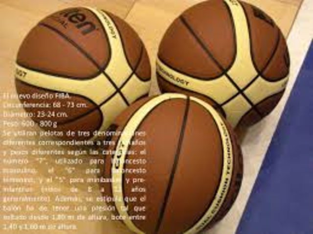 la FIBA ha adoptado para sus competiciones una pelota con bandas claras amarillas sobre el clásico color de fondo naranja