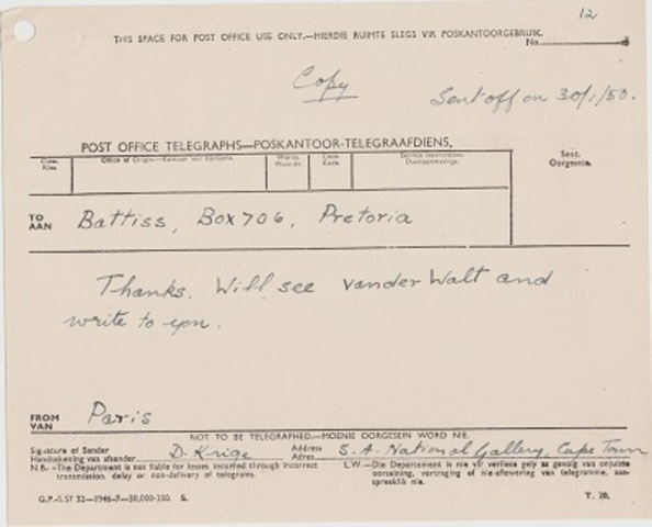 Post Office Telegraph to Walter Battiss