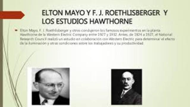 Elton Mayo y F. J. Roethlisberger .Ciencias del comportamiento. Famosos estudios en la planta Hawthorne de la Western Electric Company sobre la influencia de las actitudes y relaciones sociales de los grupos de trabajo en el desempeño.