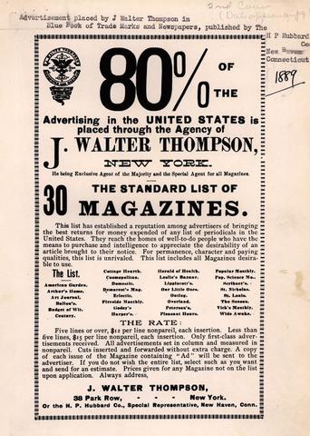 William James Carlton funda la agencia de publicidad que mas tarde se convertiria en Walter Thompson, la mas antigua en operación