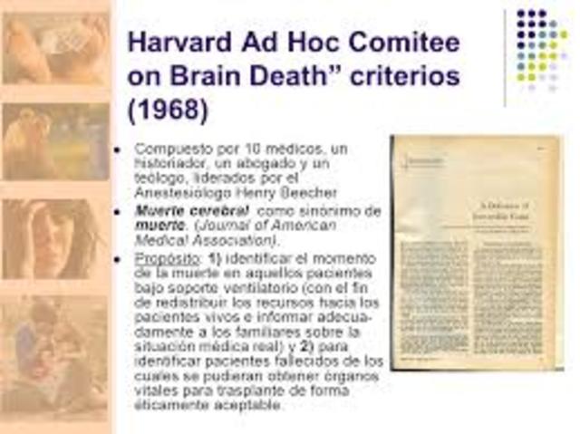 1968 HARVARD PUBLICA ARTICULOS DE MUERTE CEREBRAL, EUTANASIA, DERECHO A LA PROPIA MUERTE.