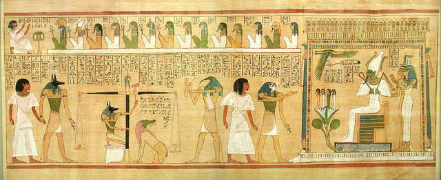 Last Judgment of Hu-Nefer, from his tomb (page from the Book of the Dead). New Kingdom, 19th Dynasty. c. 1275 B.C.E. Painted papyrus scroll.