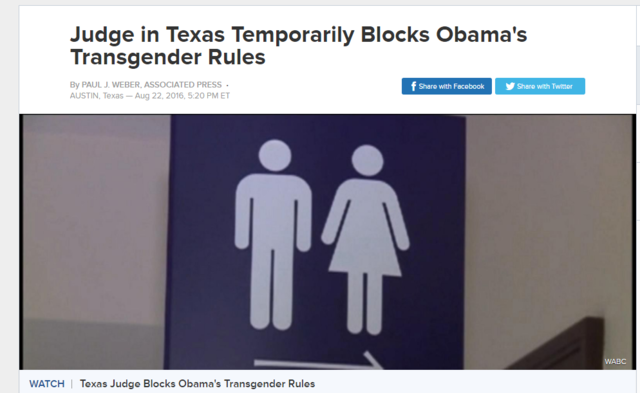 a federal judge in Texas signs a temporary injunction allowing schools to opt out of the above transgender bathroom directive.