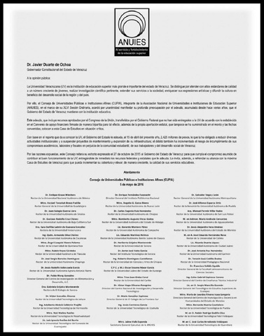 UNUIES envía otro desplegado a Duarte por adeudo con la UV