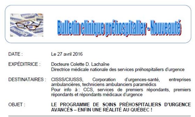 LE PROGRAMME DE SOINS PRÉHOSPITALIERS D’URGENCE AVANCÉS – ENFIN UNE RÉALITÉ AU QUÉBEC !