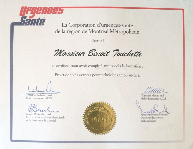 Réussite de la formation de soins avancés reconnu par Urgences-santé et le collège des médecins