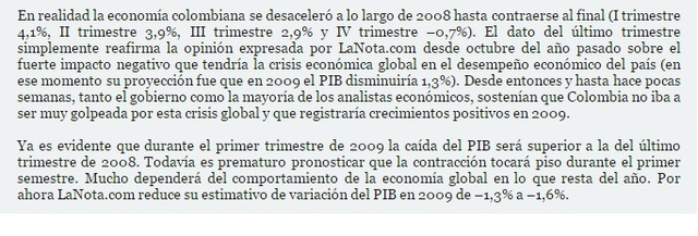 PIB colombiano 2008 fue de 401.744 miles de millones