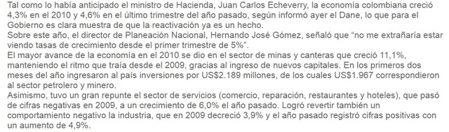 PIB Colombiano del año 2010 fue de 424.599 miles de millones