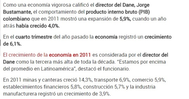 PIB Colombiano año 2011 fue de 452.578 miles de millones