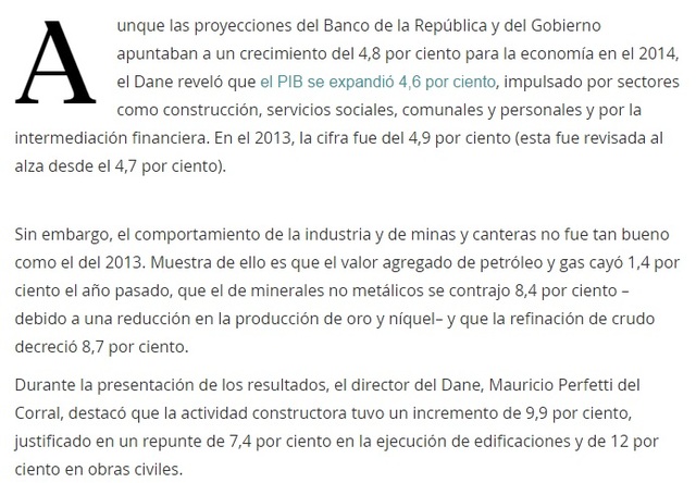 PIB Colombiano año 2014 fue de 515.489 miles de millones