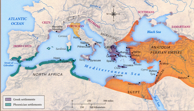 750 BCE- Greeks colonize the Mediterranean