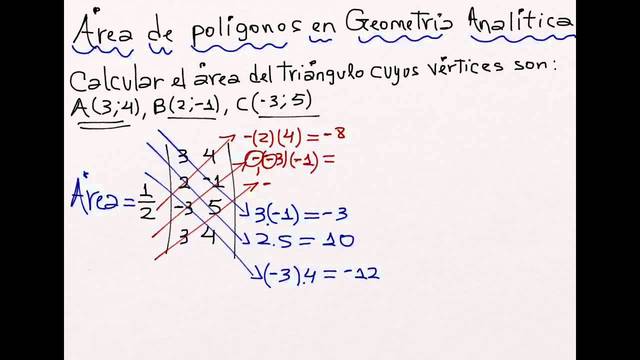 cálculo del área de un triángulo dadas las coordenadas de sus tres vértices.