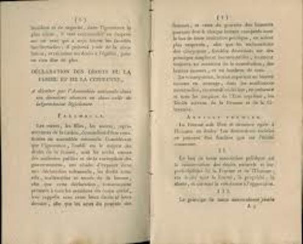 Olympe de Gouges publishes Declaration of the Rights of Woman and Female Citizen.