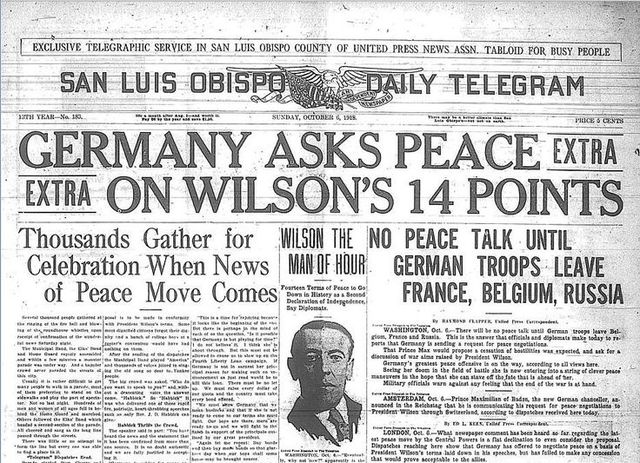 Woodrow Wilson presents his Fourteen Points peace Plan