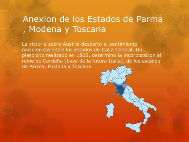 Períodos de la Unificación Italia: (II). Anexión de los Estados de Parma, Módena y Toscana.