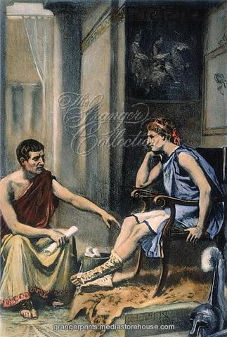 Philip hires the Greek philosopher Aristotle to tutor Alexander