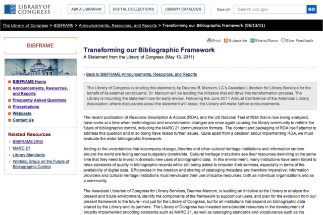 Transforming our Bibliographic Framework Initiative (BIBFRAME) announced