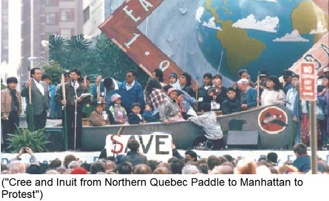 Grand Chief Matthew Coon Come and other aborginals protests the building of Dams by paddling to New York