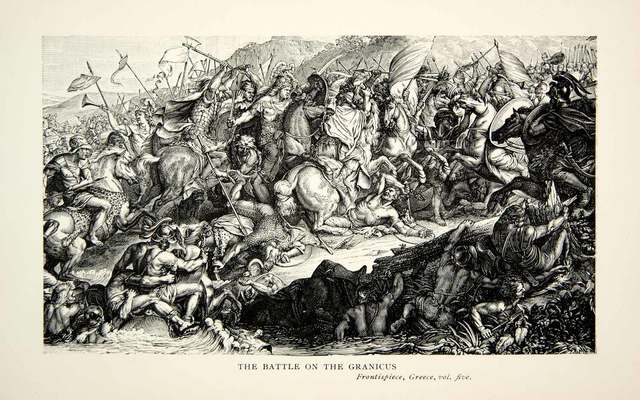 Alexander leads the Macedonian army against the Persians at Granicus River