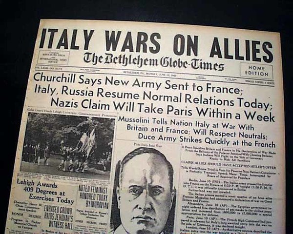 Italy enters War of June 1940.