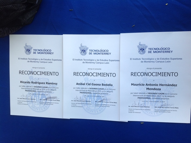 Ganador del segundo lugar en el concurso internacional de matemáticas del ITESM Campus Leon
