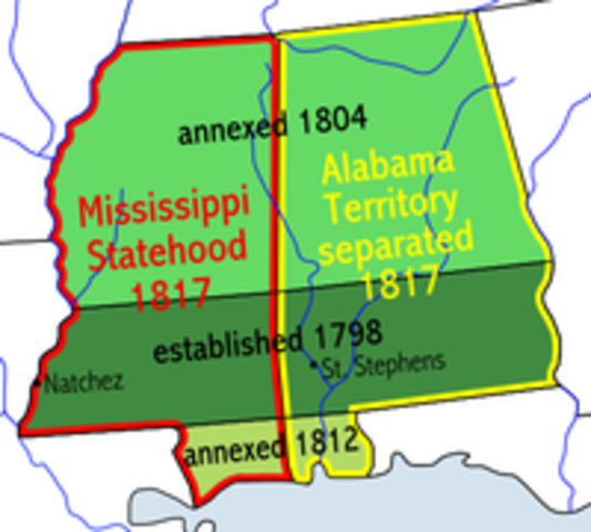 Mississippi Territory is divided into Alabama Territory & Mississippi