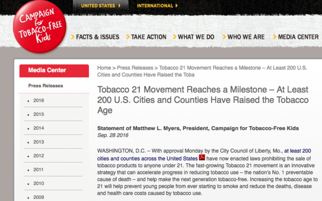 200 Communities in the US Increased The Age of Tobacco Sale