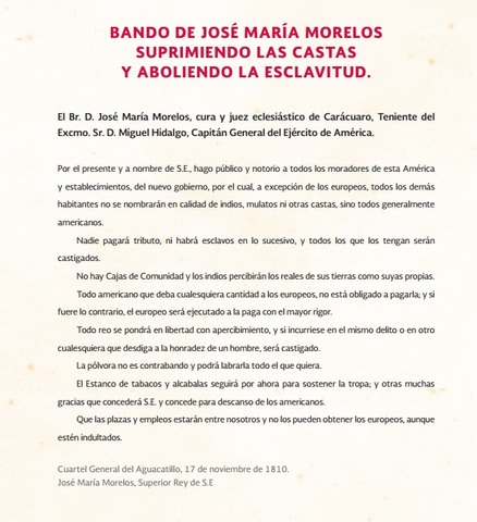 Bando de José Ma. Morelos suprimiendo las Castas y aboliendo la esclavitud.