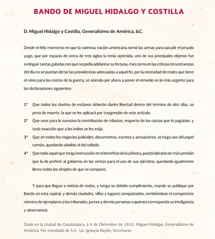 Bando de Miguel Hidalgo declarando la libertad de los esclavos.