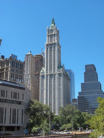 The Woolworth Building, a neo-Gothic "Cathedral of Commerce" overlooking City Hall, was designed by Cass Gilbert.