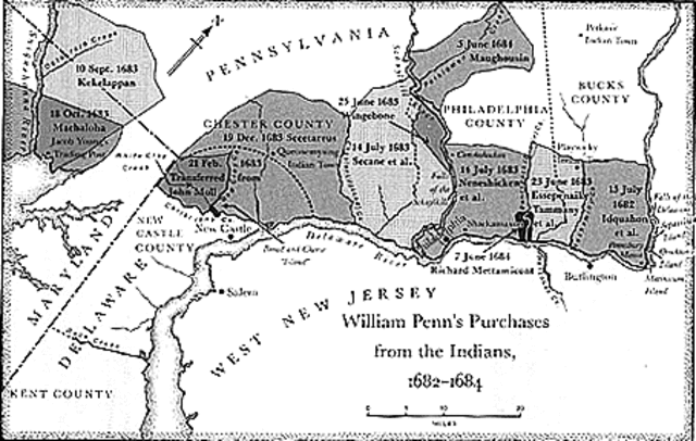Penn signed friendship treaty with Lenni Lenape Indians.