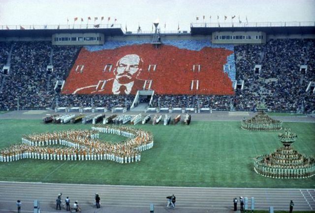 General view of the opening ceremony at 1980 Olympics in Moscow, Russia