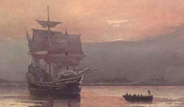 The Mayflower lands at Plymouth Rock, Massachusetts