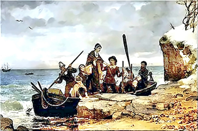 The Mayflower lands at Plymouth Rock, Massachusetts