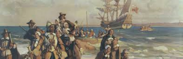 The Mayflower lands at Plymouth Rock, Massachusetts