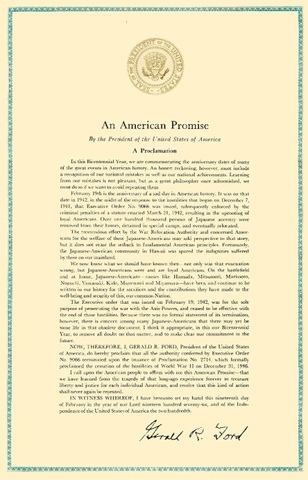 President Gerald Ford repeals executive order of 9066 proclaiming WWII Japanese relocation a "National Mistake"