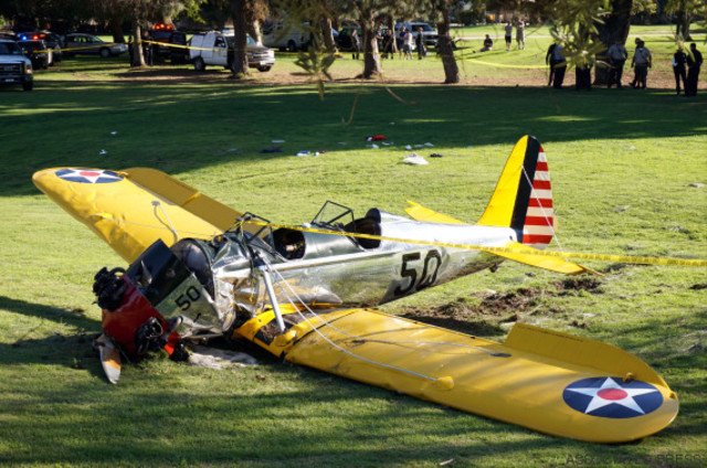 Harrison Ford crash-lands his 1942 Ryan Aeronautical ST3KR aeroplane in California