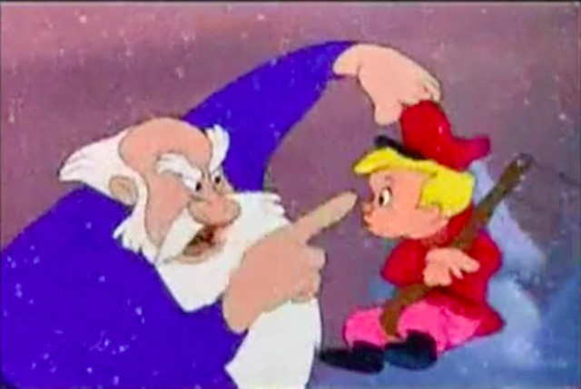 Grandfather stopped Peter and warned him for the dangerous wolf in the forest.