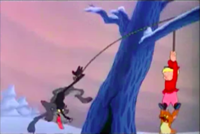 The three friends tried to tie the wolf to the tree.