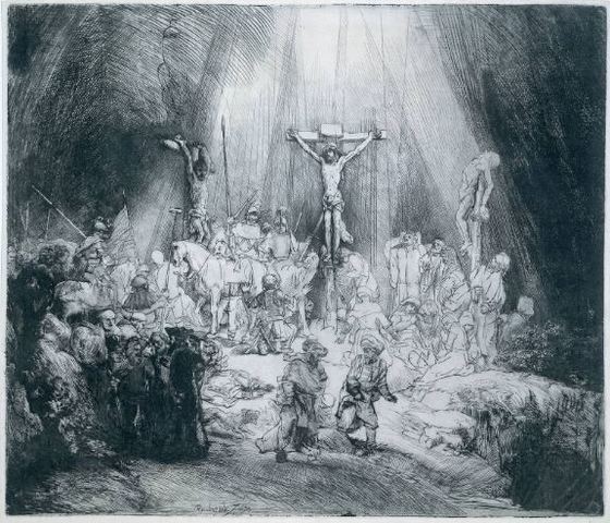 Rembrandt. The Three Crosses. Etching print, 1653.