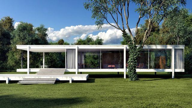 The Farnsworth House (architecture) by Ludwig Mies van der Rohe (German-American architect)