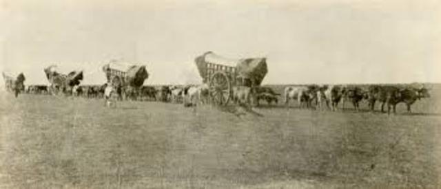 The first 'wagon train' was the wave of migration that started in 1843, and had followed John Bidwell's 1841 train