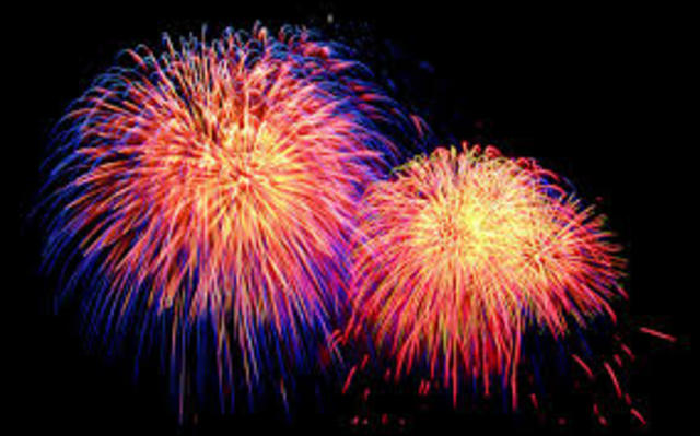 The firework gives off bold, bright colors