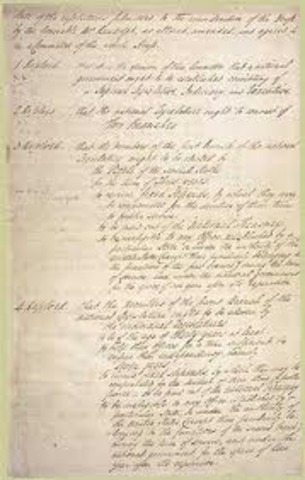 The Virginia Plan (also known as the Randolph Plan, after its sponsor, or the Large-State Plan)[1] was a proposal by Virginia delegates, drafted by James Madison while he waited for a quorum to assemble at the Constitutional Convention of 1787.[2][3] The