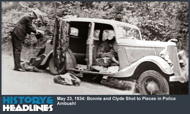 On highway 154 in LOUISIANA, Bonnie and Clyde spotted Methvins father on the side of the road. they pulled over to help him and police officers came out of hiding and killed them instantly. They shot them over 150 times.