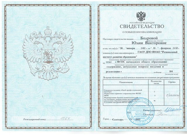 Повышение квалификации: ГАОУ ДПО ЯНАО "Региональный институт развития образования" "ФГОС начального общего образования: содержание, актуальные вопросы введения и реализации"