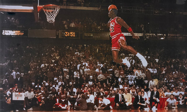 Michael Jordan wins the slam dunk contest.