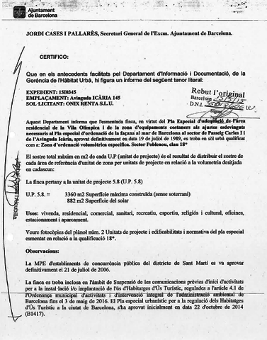 Onix Renta rep el certificat d'aprofitament urbanístic